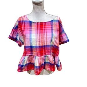C&C California Colorful pink Plaid Peplum short sleeve linen Blouse size large